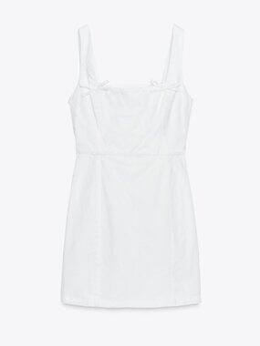 Zara Tie Mini Dress in White with Tiny Bow Details and Cinched Waist